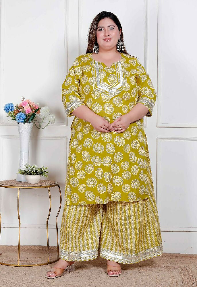 Miravan Plus Size Women'S Lime Yellow Block Printed Kurta With Palazzo | Grocsy