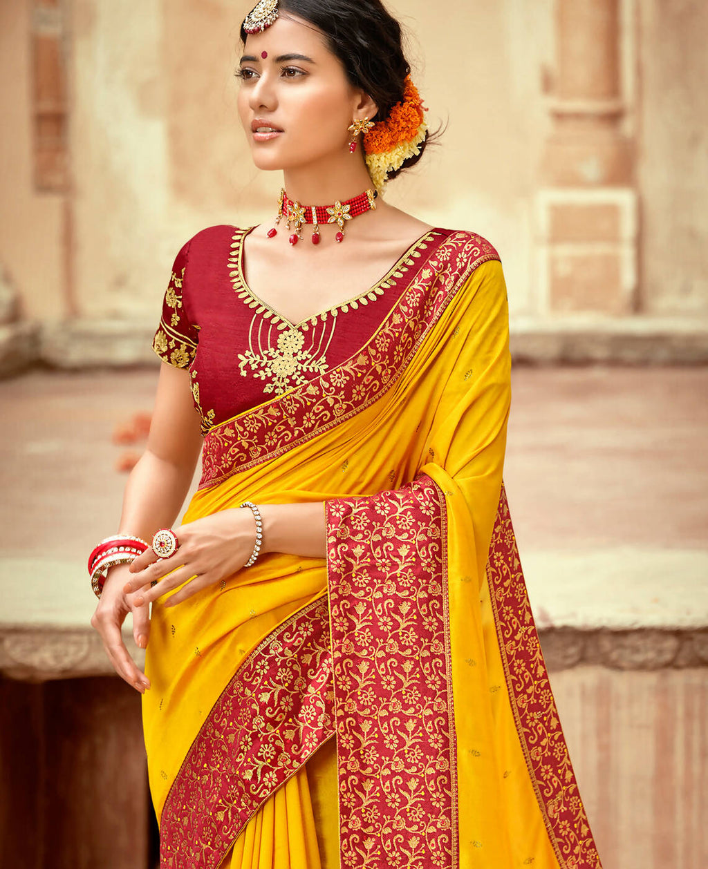 Mustard Vichitra Stone Work Saree With Unstitched Blouse Piece - Rosy | Grocsy