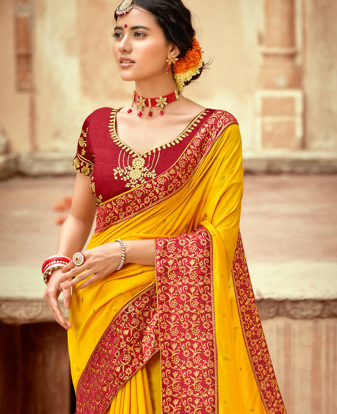 Mustard Vichitra Stone Work Saree With Unstitched Blouse Piece - Rosy | Grocsy