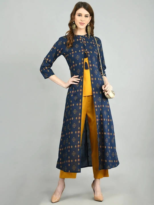 Myshka Women Navy Blue Cotton Printed Shrug, Top And Pant Set | Grocsy