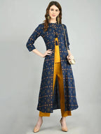 Myshka Women Navy Blue Cotton Printed Shrug, Top And Pant Set | Grocsy