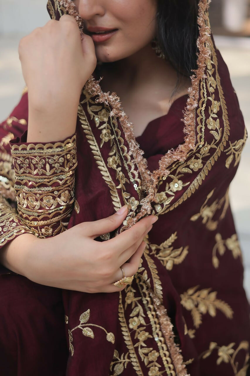 Vastranavya Premium Vichitra Shimmer with Rich Sequins Embroidered work Gown & Dupatta - Dark Maroon | Grocsy