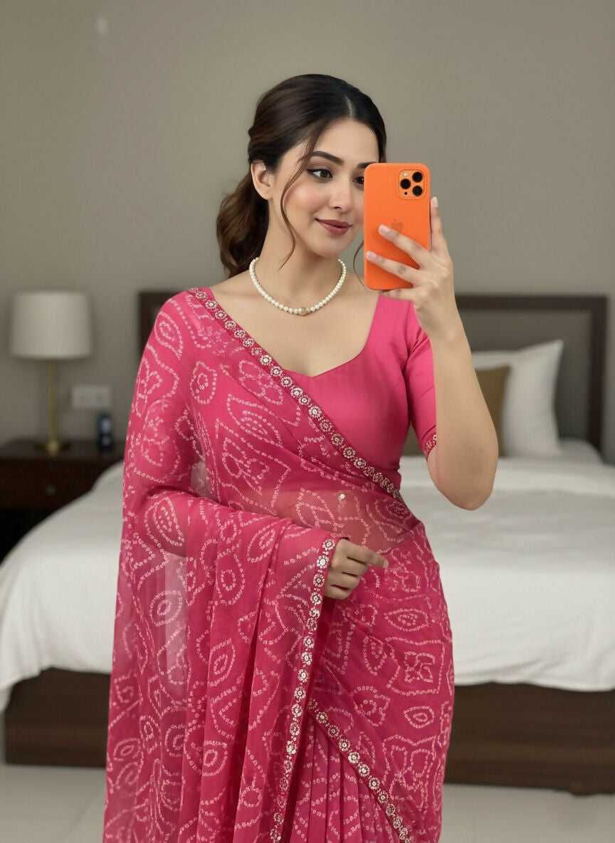 Teeya Creation Womens New Simply Daily Wear Georgette Saree-Pink | Grocsy