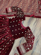 Vastranavya Wine Viscose Velvet Sequence Embroidery Work Gown Dupatta With Belt | Grocsy