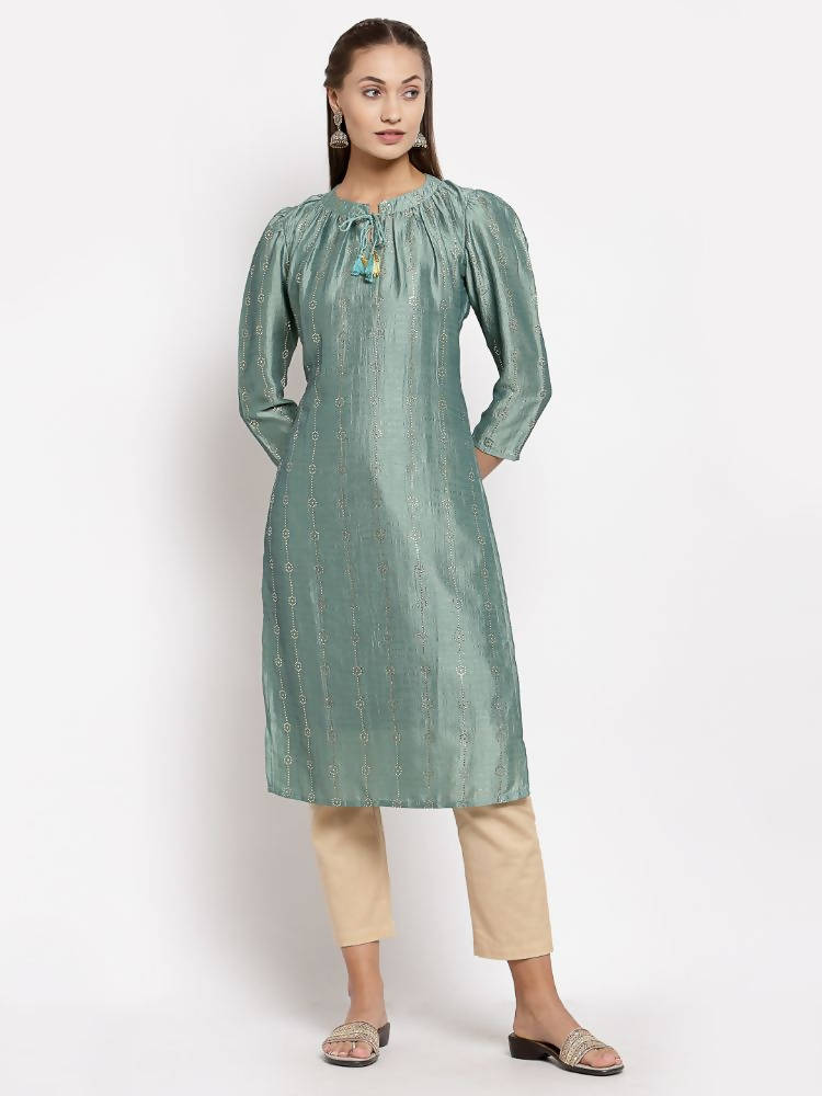 Myshka Women's Green Silk Solid Full Sleeve Round Neck Casual Kurta | Grocsy