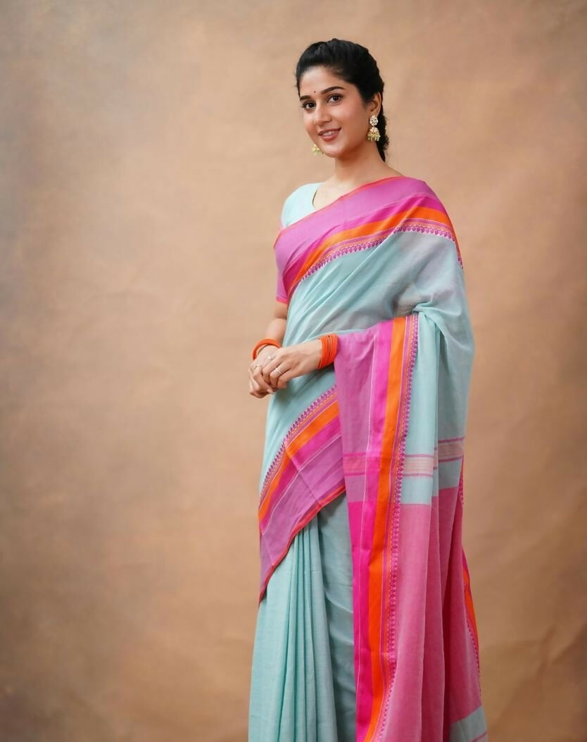 Exclusive Collection Light Blue Beautiful Khadi Cotton Handloom Saree | Grocsy