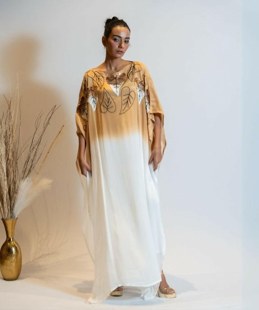 Timaraa Camel Beige To Ivory Ombre Embellished Kaftan Dress | Grocsy