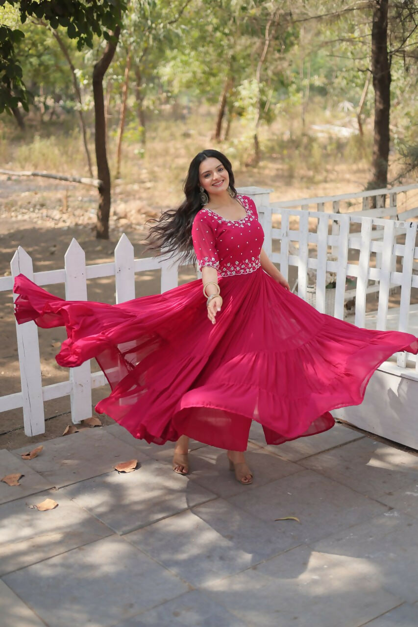 Vastranavya Faux Blooming with Beads embroidery-work Gown - Pink | Grocsy