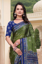 Prime Volt Women's Green & Blue Printed Mal Cotton Saree with Designer Blouse Piece | Grocsy