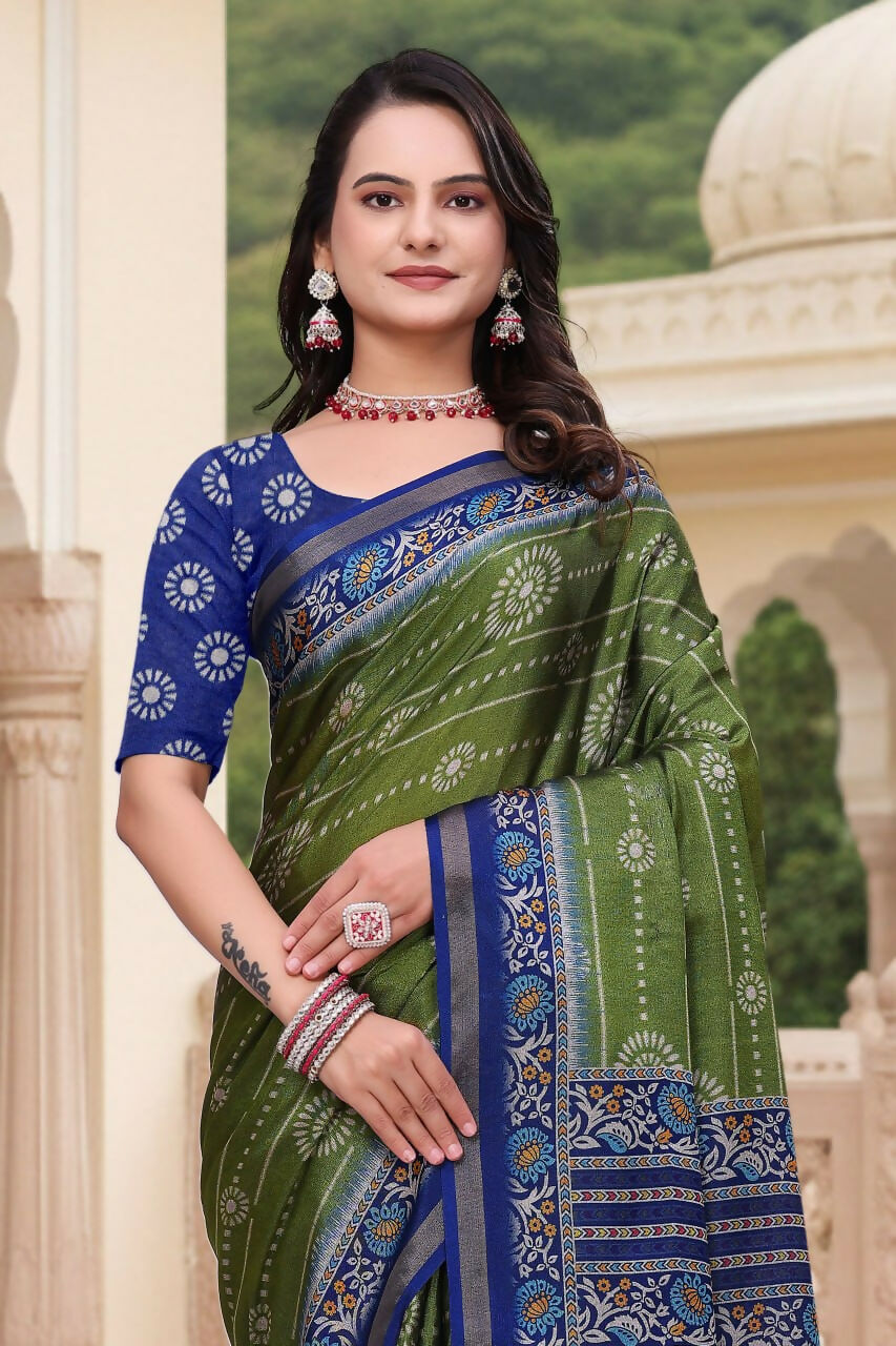 Prime Volt Women's Green & Blue Printed Mal Cotton Saree with Designer Blouse Piece | Grocsy