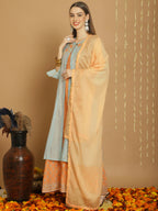 Jyoti Fashion Women's Turquoise Chanderi Silk Elegant Jardoshi Kurta with Trouser & Dupatta | Grocsy