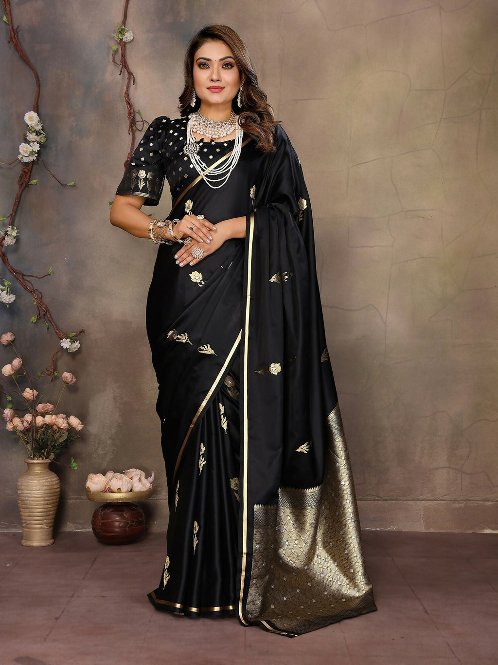 Joban Fashion Black Floral & Botanical Motifs Satin Silk Banarasi Silk Saree | Grocsy