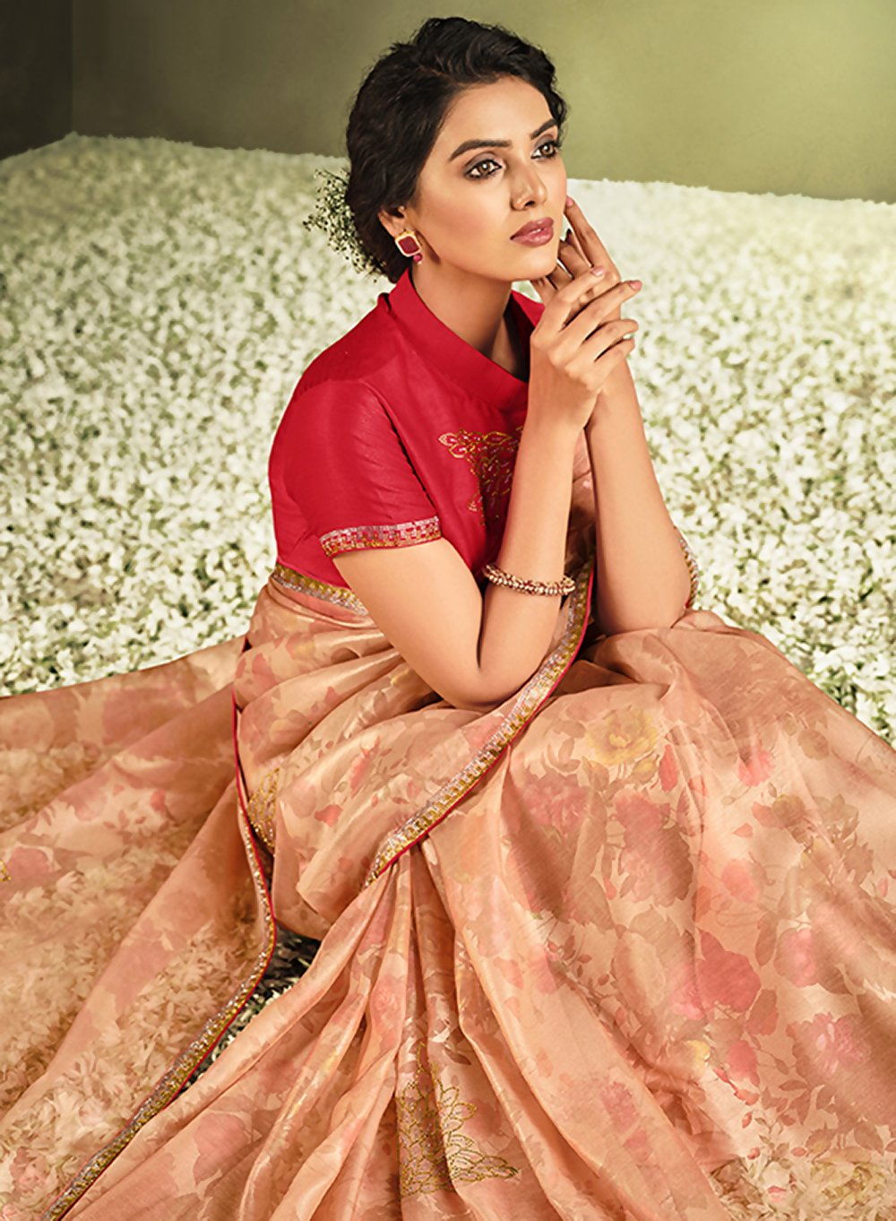 Peach Tissue Digital Printeds Flowers. Stone Embellishments Saree - Norita Hit | Grocsy