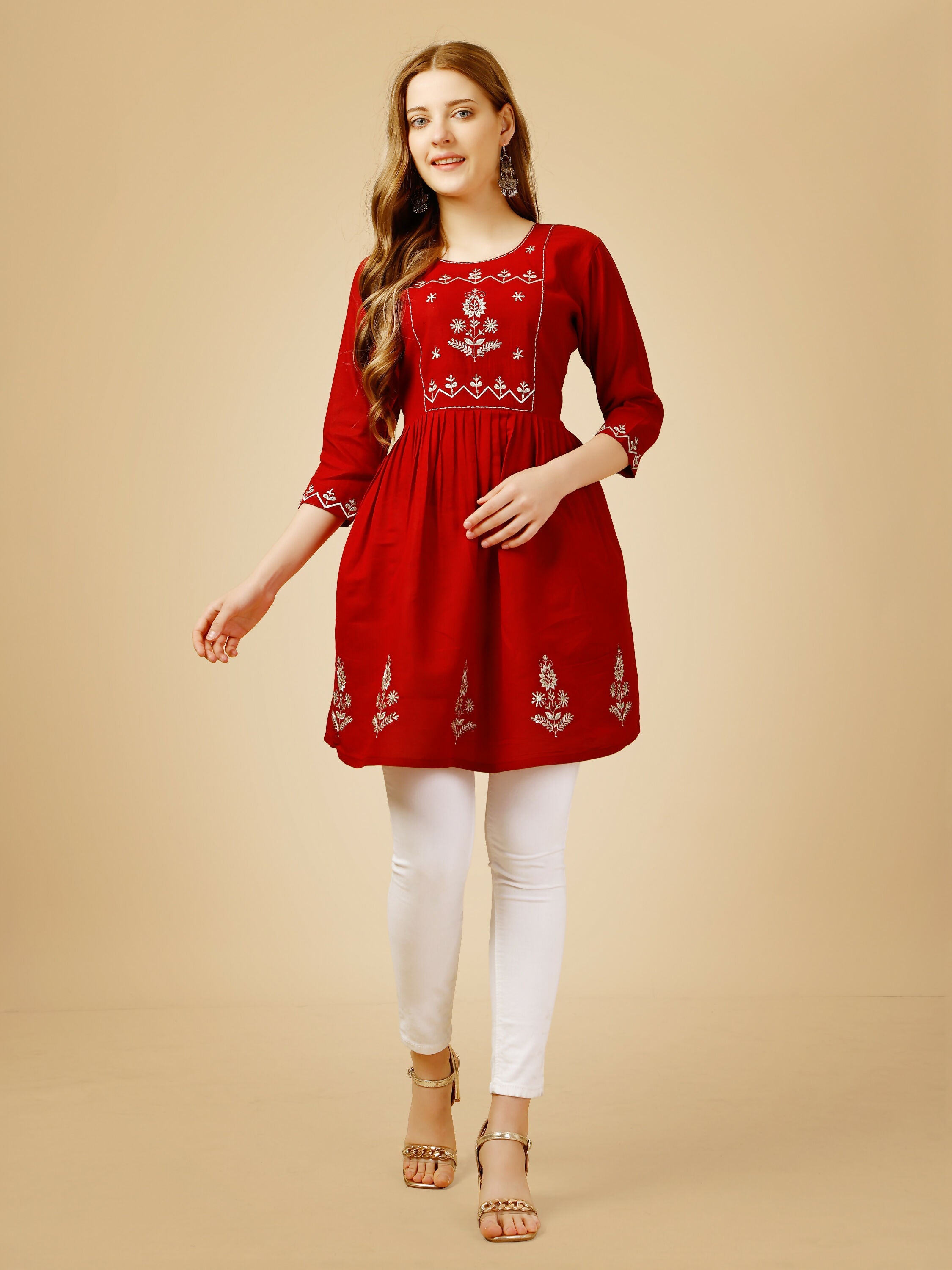 Jyoti Fashion Women's Red Viscose Rayon Embroidered Casual Top | Grocsy