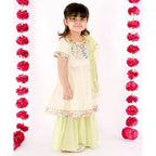 Little Bansi Girls Green Sikka work Gold strip Kurta Frock with sharara and Dupatta | Grocsy