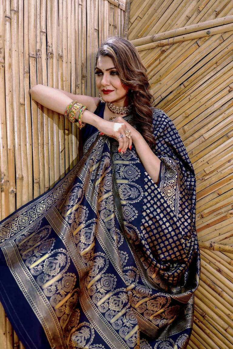 Partywear Designer Dark Blue Banarasi Silk Fancy Saree - Starwalk | Grocsy