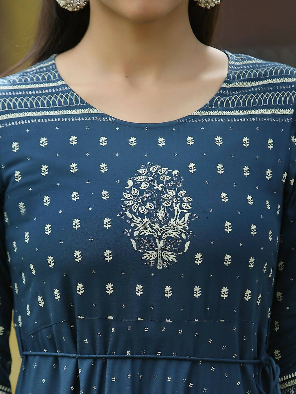Juniper Blue Rayon Festive Printed Flared Dress For Women | Grocsy
