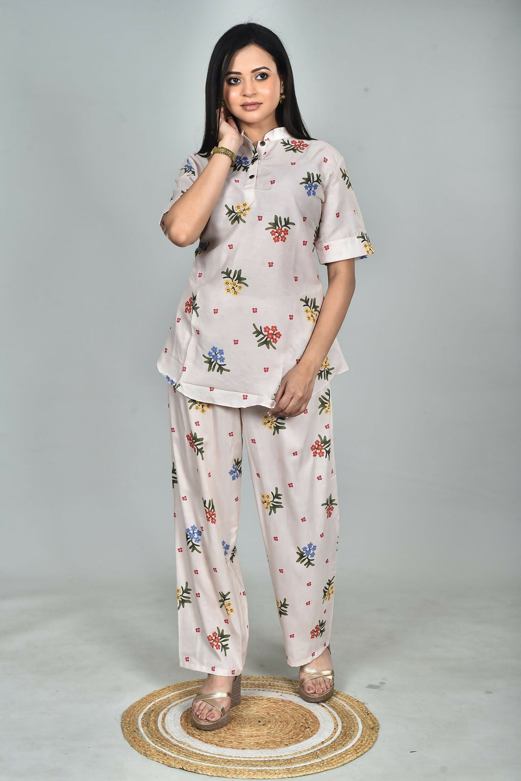 Morchari Digital Print Semi Muslin Co-Ord Set Top & Trouser-Multicolor | Grocsy