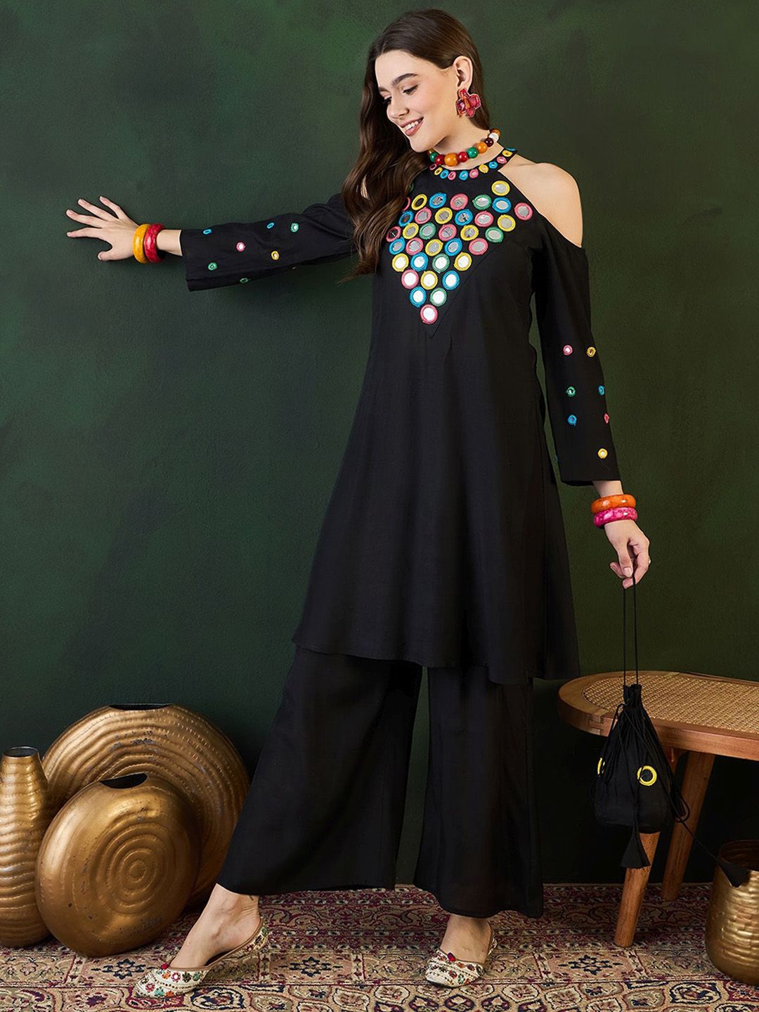 Sangria Embroidered Halter Neck Kurta & Palazzo With Bag | Grocsy