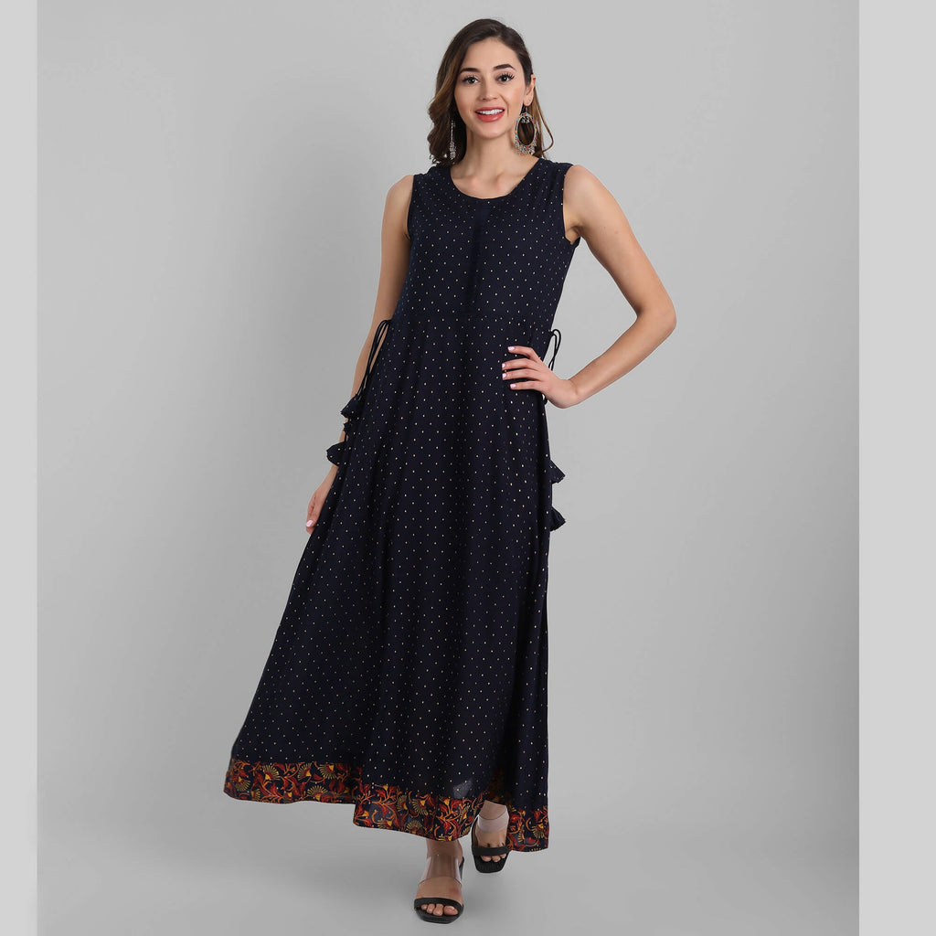 Juniper Women's Navy Rayon Printed Flared Dress | Grocsy