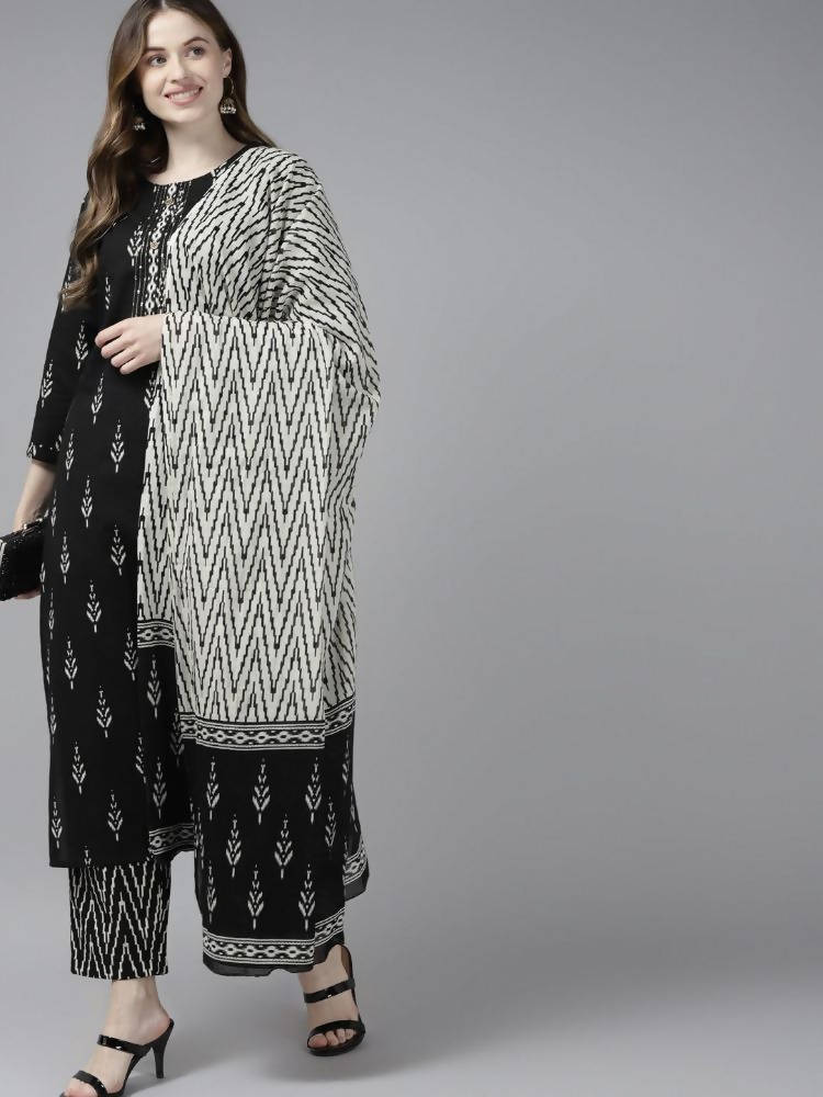 Yufta Women Black Ikat Printed Pure Cotton Kurta with Palazzo and Dupatta | Grocsy