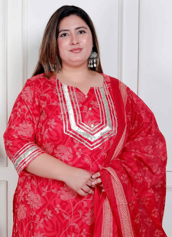 Miravan Plus Size Red Floral Print Embroidered Cotton Straight Kurta With Palazzo & Dupatta | Grocsy