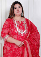 Miravan Plus Size Red Floral Print Embroidered Cotton Straight Kurta With Palazzo & Dupatta | Grocsy