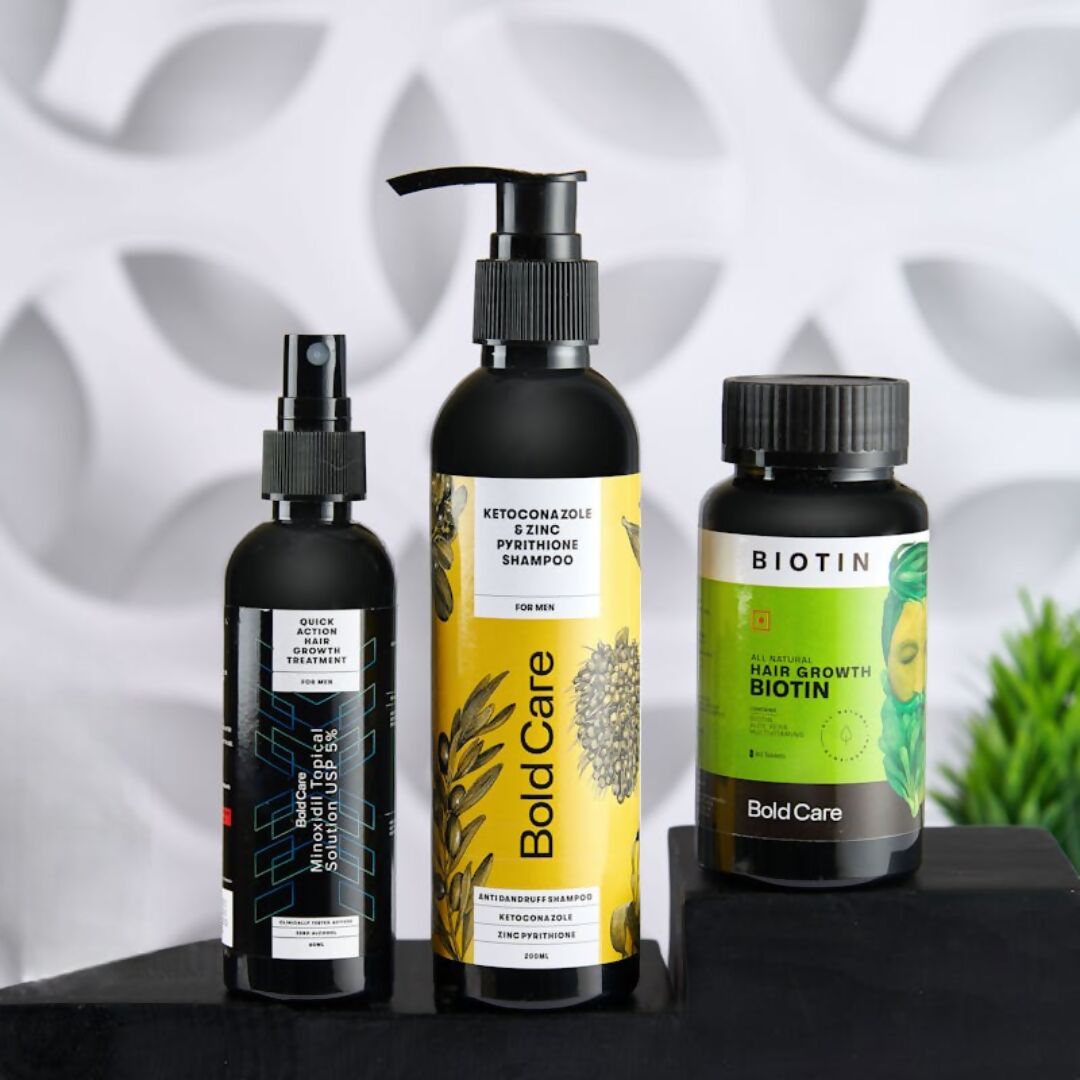Bold Care Anti-dandruff Shampoo + Hair Growth 5% Serum + Biotin Supplements Combo | Grocsy