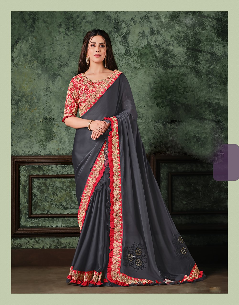 Grey Silk Georgettecord And Sequins Embroidery Saree - Norita Hit | Grocsy