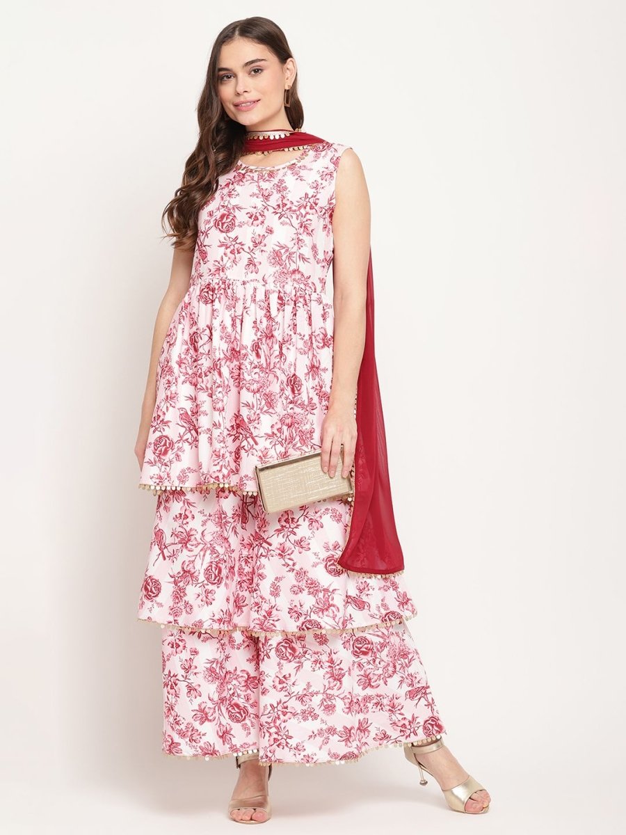 Ahalyaa Women's Pink Rayon Digital Floral Print Kurta Sharara Set with Dupatta | Grocsy
