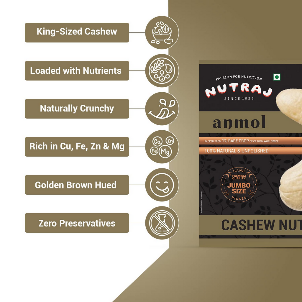 Nutraj Anmol Cashew Nuts (Jumbo Size Kaju) | Grocsy