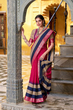 Vastranavya Pink Printed with Zari Weaving Work Poly Cotton Saree & Unstitched Blouse | Grocsy