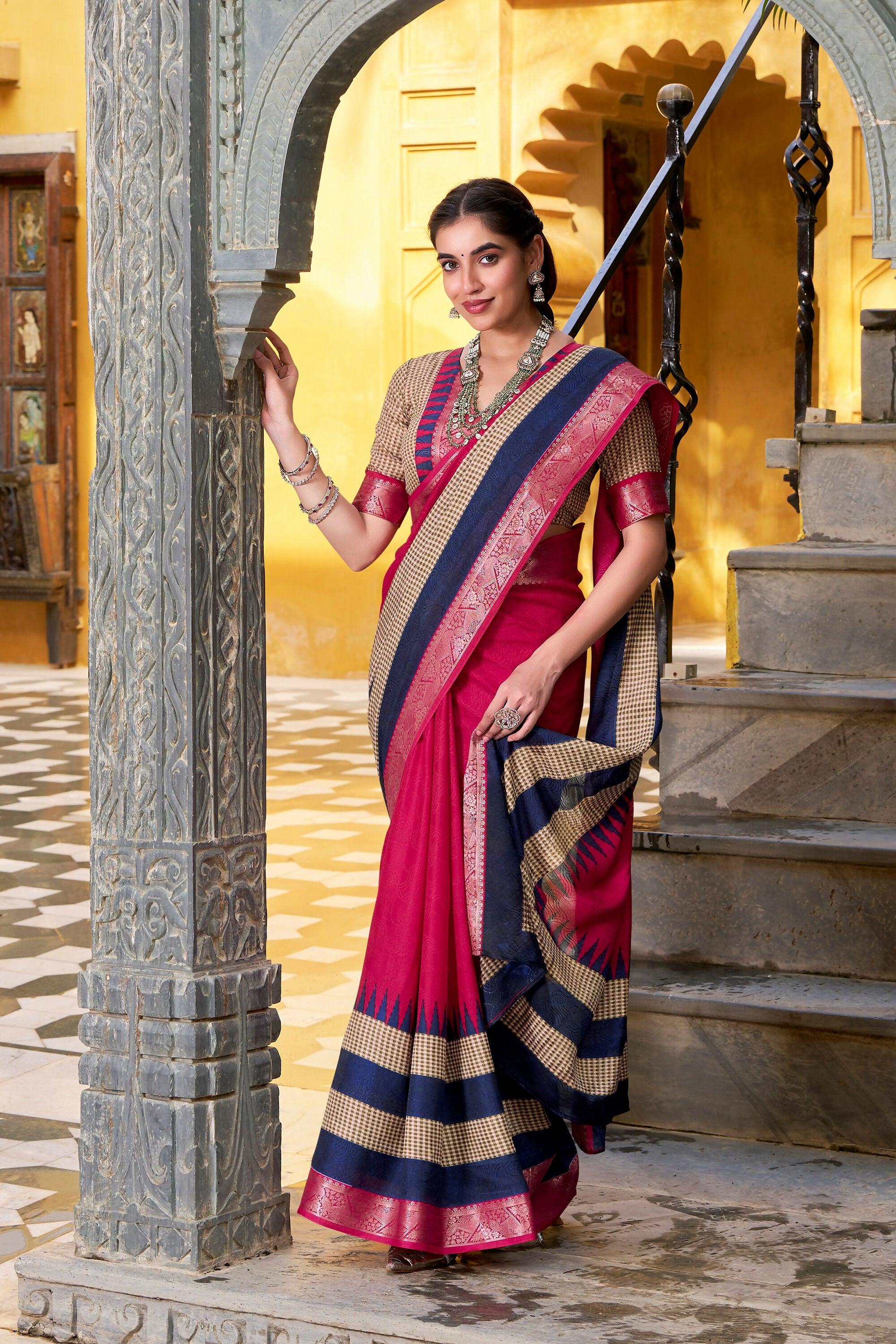 Vastranavya Pink Printed with Zari Weaving Work Poly Cotton Saree & Unstitched Blouse | Grocsy