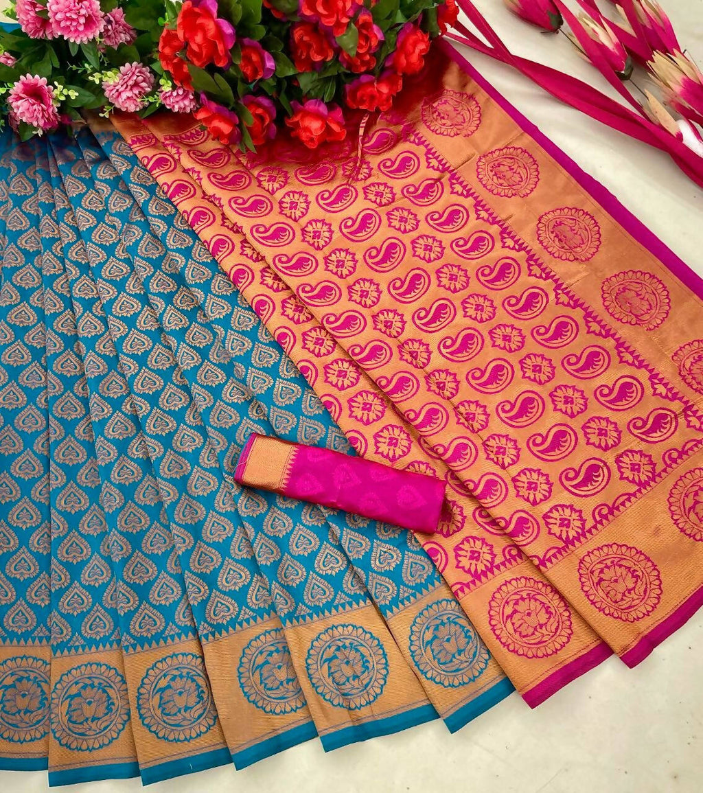 DEIANA'S Beautiful Designer Golden zari Soft Lichi Silk Saree - Blue | Grocsy