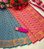 DEIANA'S Beautiful Designer Golden zari Soft Lichi Silk Saree - Blue | Grocsy