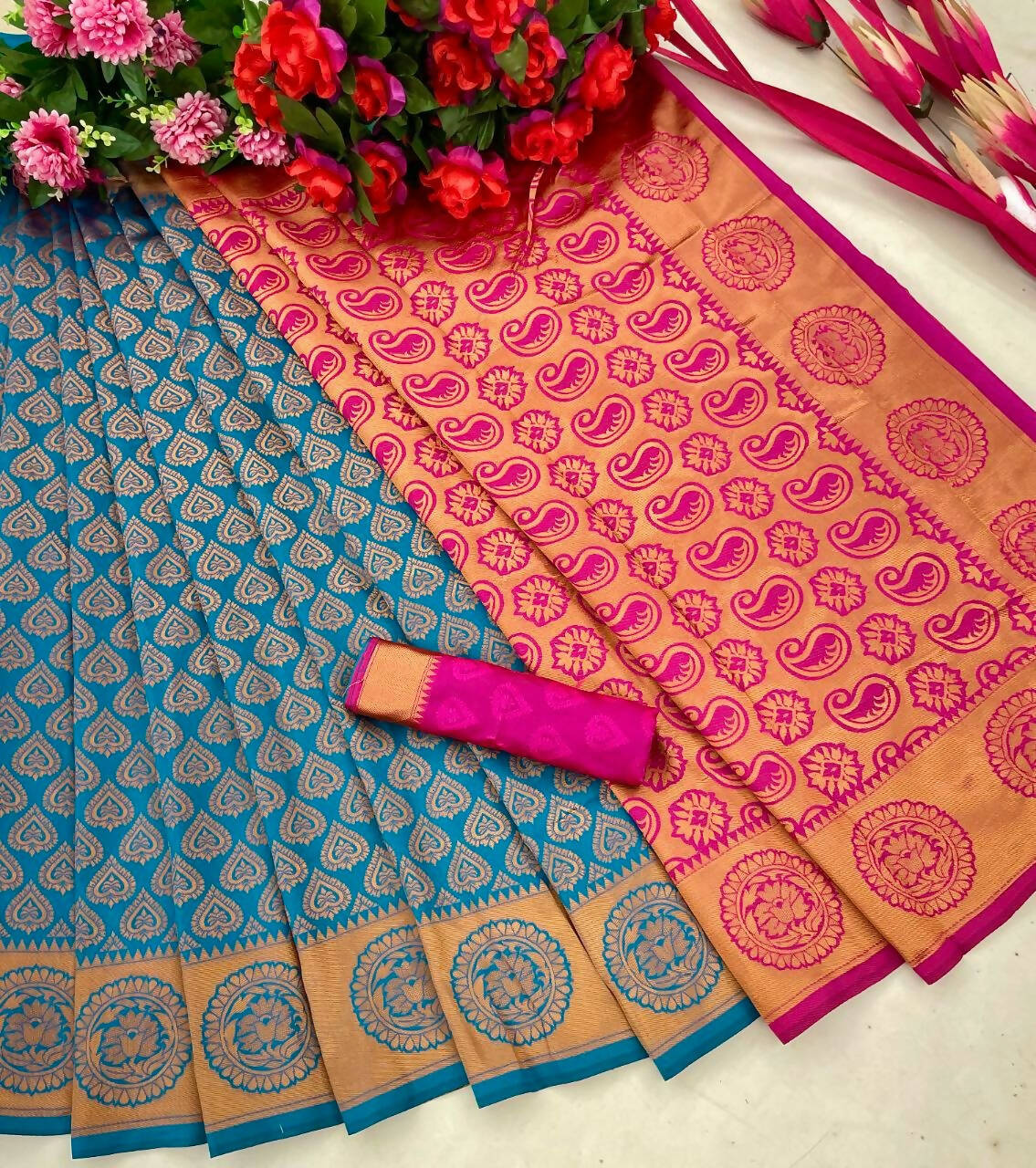 DEIANA'S Beautiful Designer Golden zari Soft Lichi Silk Saree - Blue | Grocsy