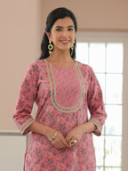 Aramya Straight Soft Cotton Floral Print Women's Kurta Set - Pink | Grocsy