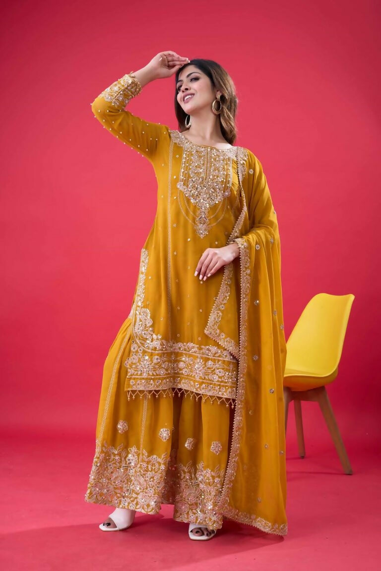 Teeya Creation Yellow Color Faux georgette Embroidery Work Sharara Set | Grocsy