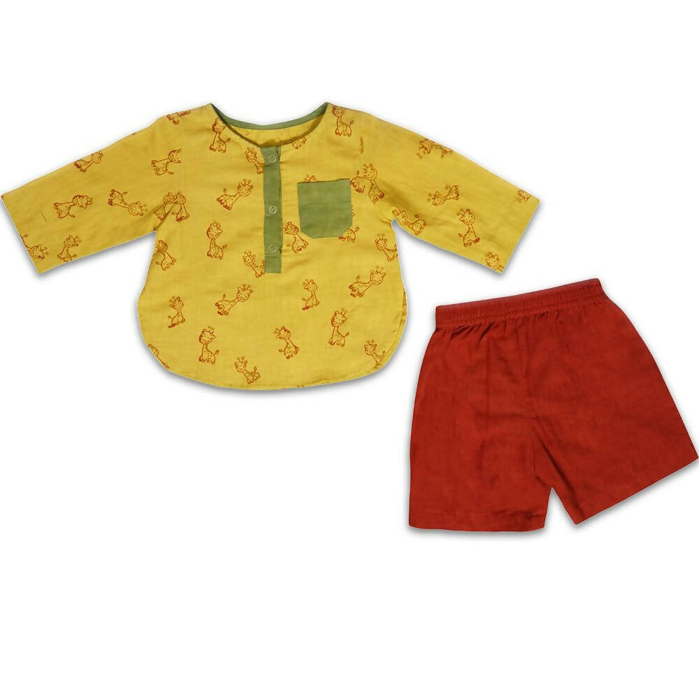 Mhyssa Ricco Full Sleeve Yellow T-shirt with Red Short Set For Kids | Grocsy
