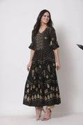 Myshka Women's Black Rayon Printed 3/4 Sleeve V Neck Casual Dress | Grocsy