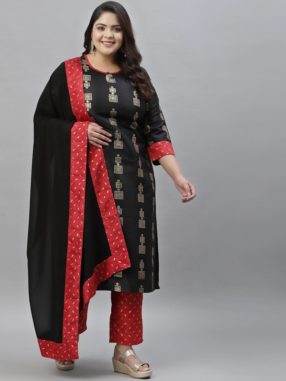 Sztori Plus Size Geometric Printed Straight Kurta With Trousers & Dupatta | Grocsy