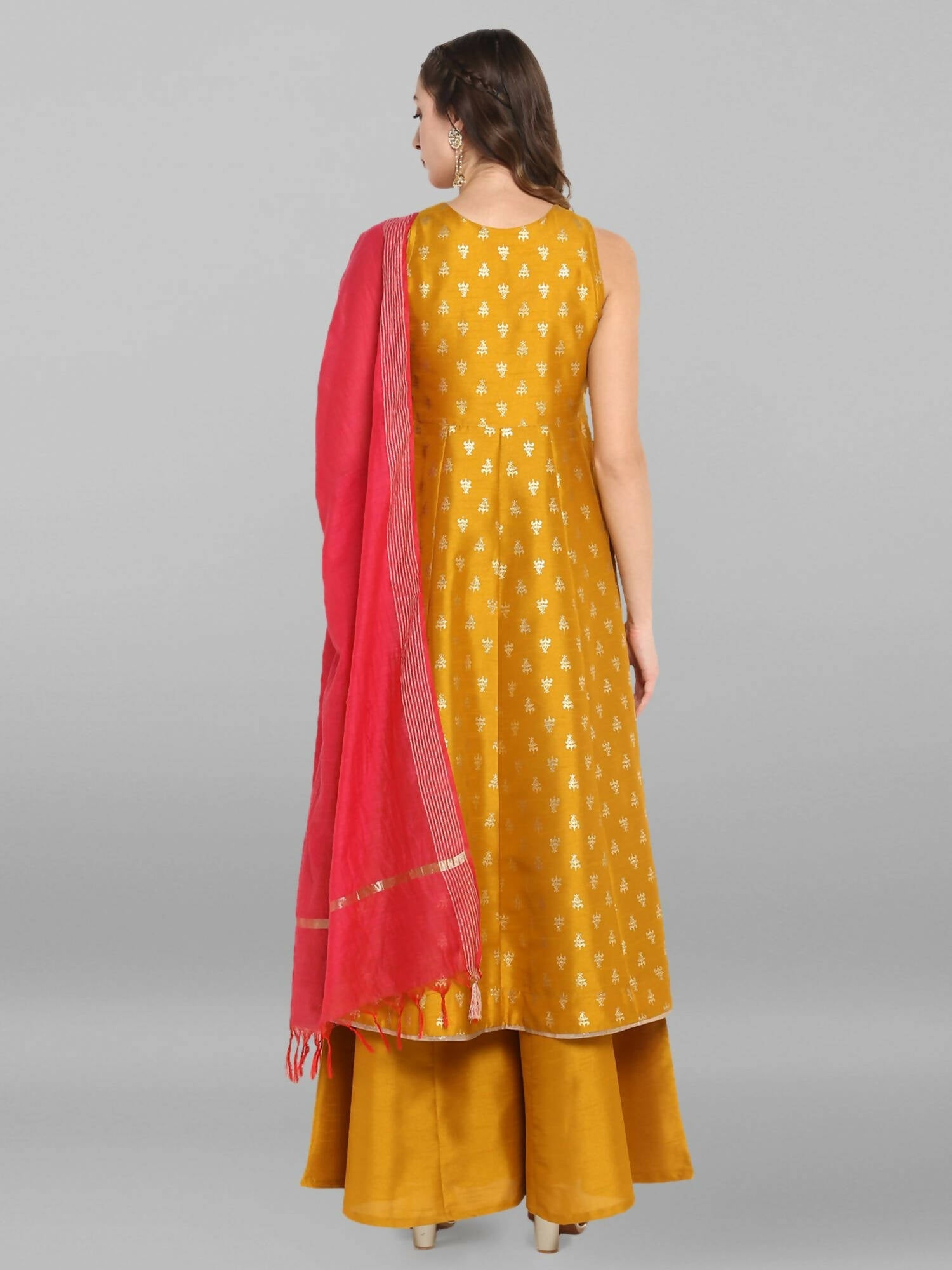 Janasya Women's Mustard Rayon Foil Print Kurti With Palazzo | Grocsy