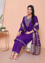 Miravan Womens Purple Muslin Straight Kurta And Palazzo With Dupatta Suit Set | Grocsy