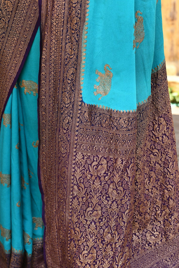 Joban Fashion Sky Blue Crepe Chiffon Pure Handloom Banarasi Silk Saree | Grocsy