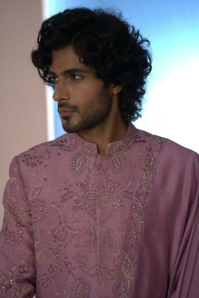 Majestic Orchid Falling Raw Silk Sherwani Set With Intricate Embroidery And Draped Dupatta by Hilo Design | Grocsy