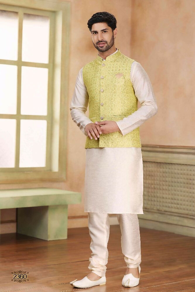 Raivat Ethnic Jacquard Banarasi Silk Woven Work 3 Pics Jacket Set In Lemon Colour | Grocsy