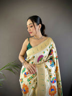 Joban Fashion Off-White  Zari Woven Floral Motifs Soft Silk Paithani Silk Saree | Grocsy