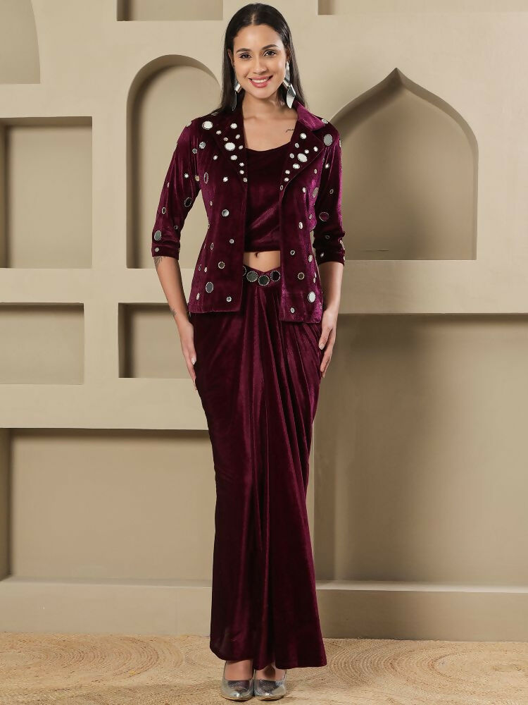 Joban Fashion Women Wine Velvet Hand Embellishment Stitched Dress | Grocsy