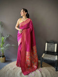 Joban Fashion Rani Pink Jacquard Butti Soft Lichi Silk Paithani Saree | Grocsy