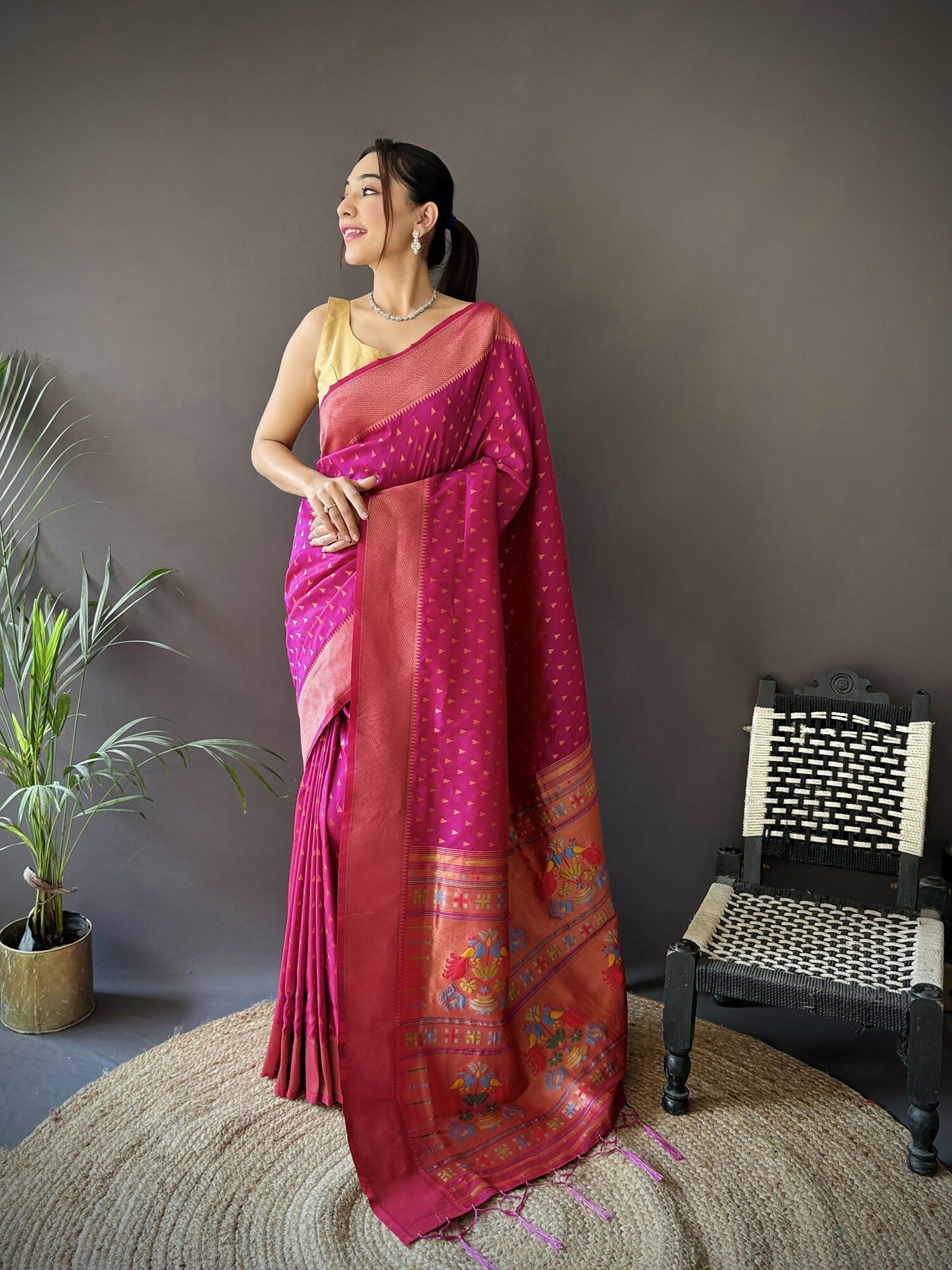 Joban Fashion Rani Pink Jacquard Butti Soft Lichi Silk Paithani Saree | Grocsy